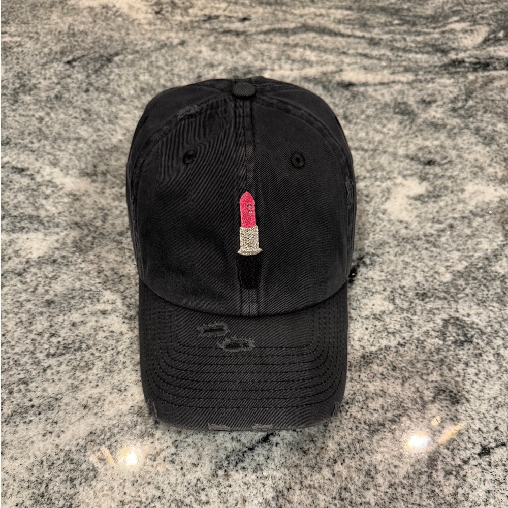 New Custom Designed Washed Black Distressed Baseball Cap with Lipstick.